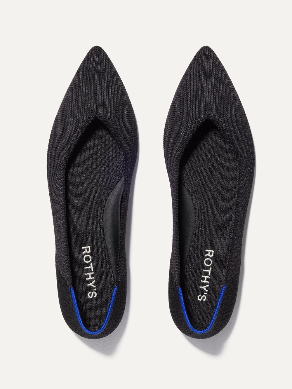 Rothy's Black Pointed Knit Flats with Blue Trim